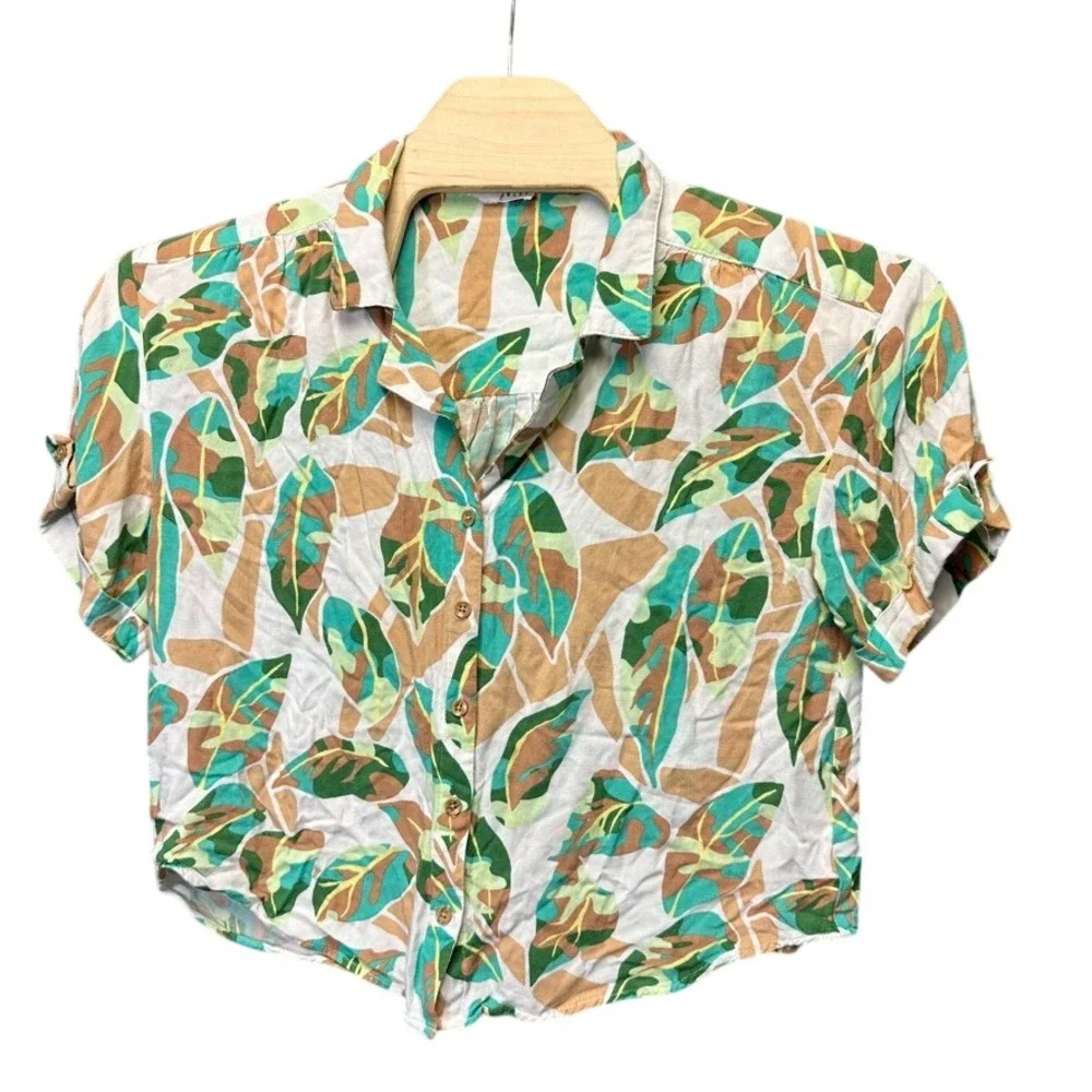Jane Delancey Womens Tropical Leaf Print Button Front Crop Top Green Tan Large